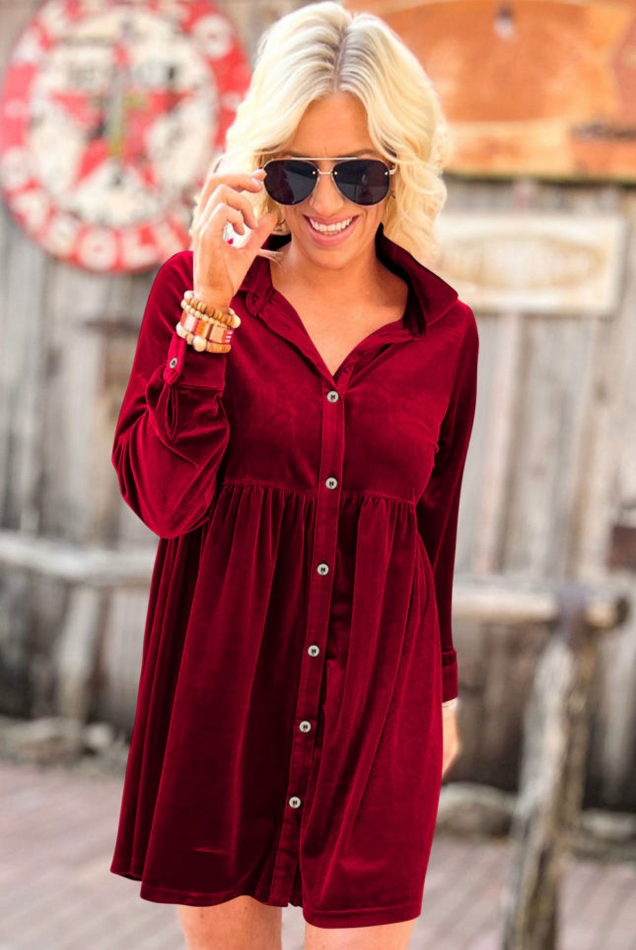 Red Velvet Buttoned Front Dress