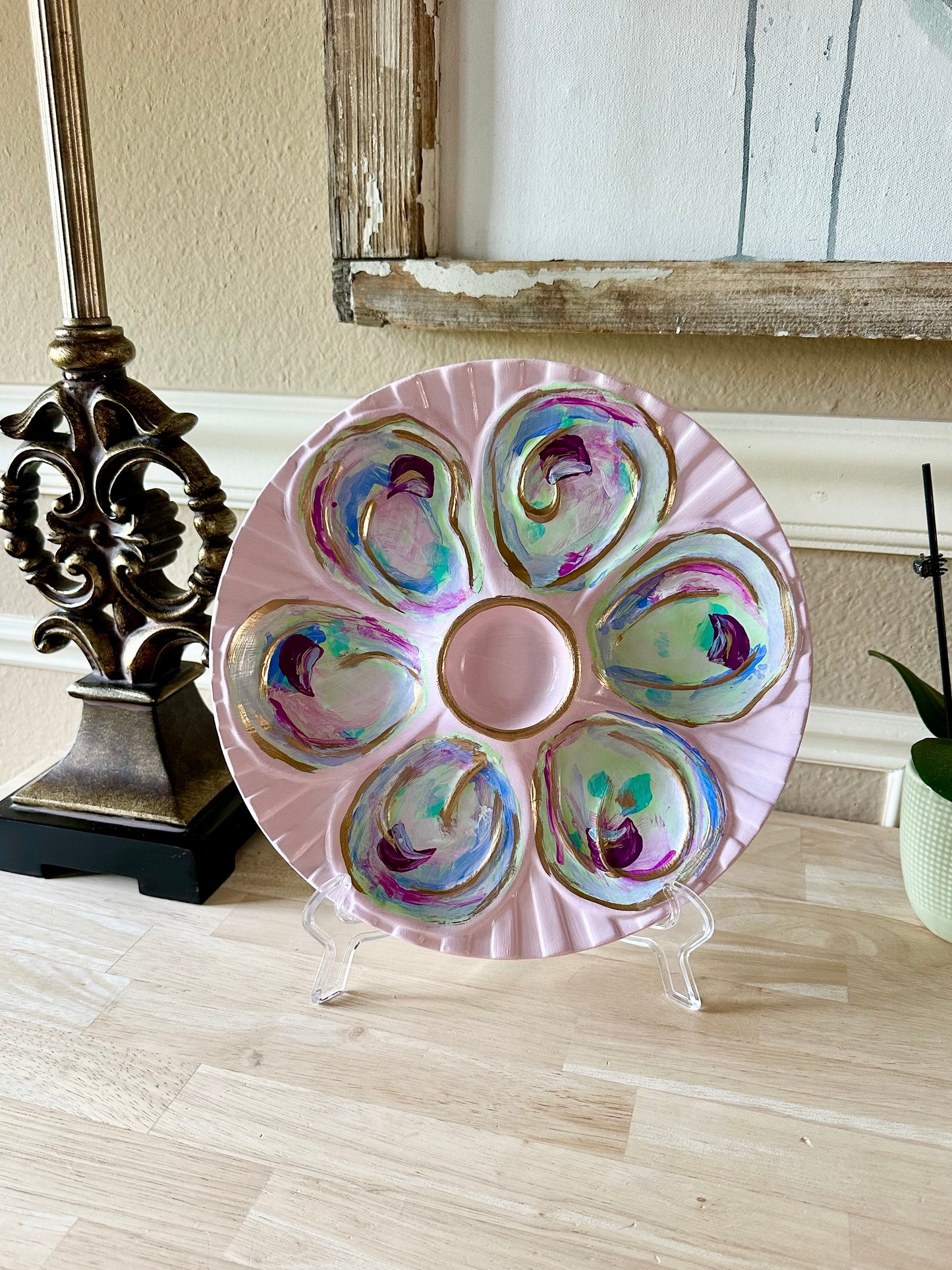 “Pink Coastal Blossom” Hand-Painted Gilded Oyster Plate