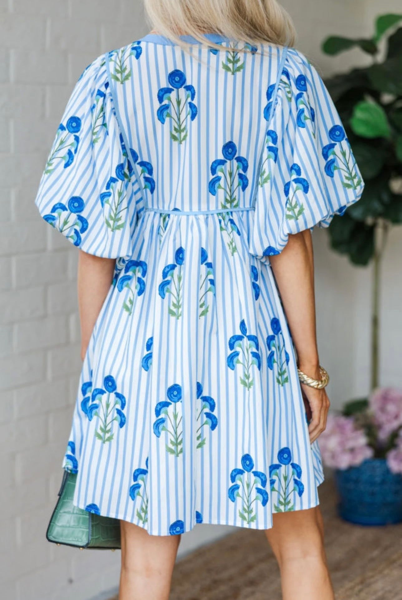 Blue Striped Floral puff Sleeve Dress