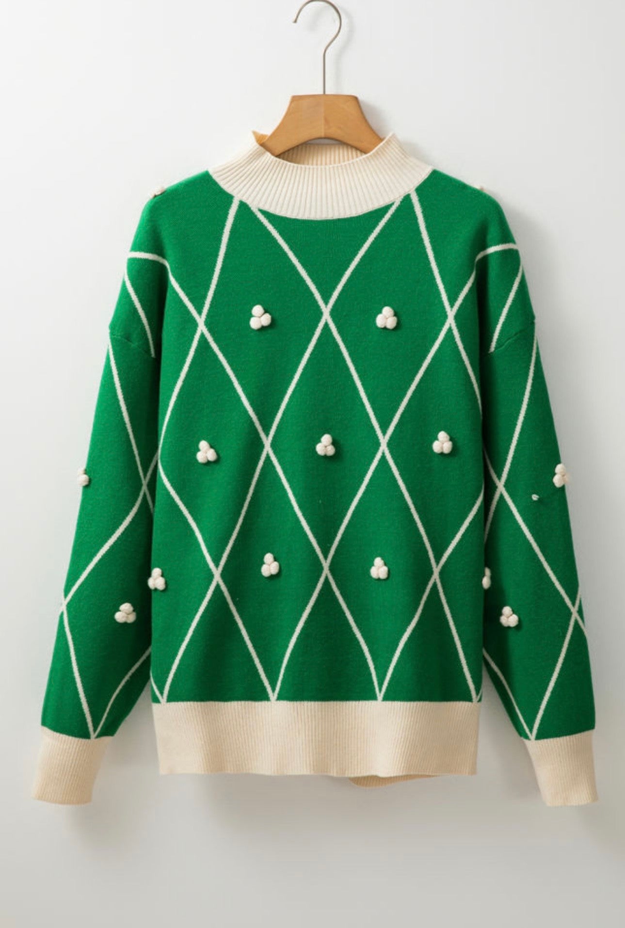 Green High Neck Sweater with Pom Accents