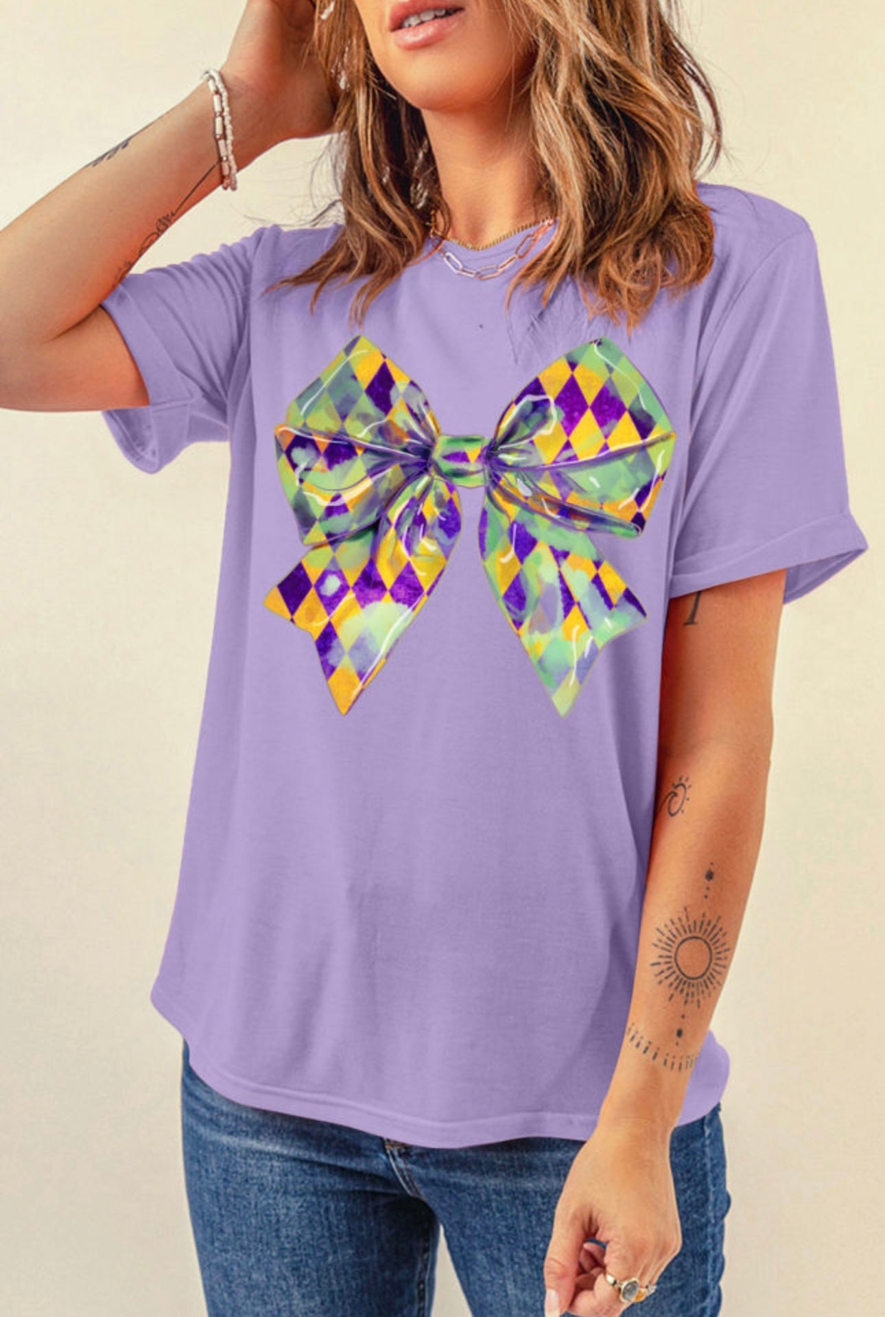 Lavender Graphic Mardi Gras Bow Tee