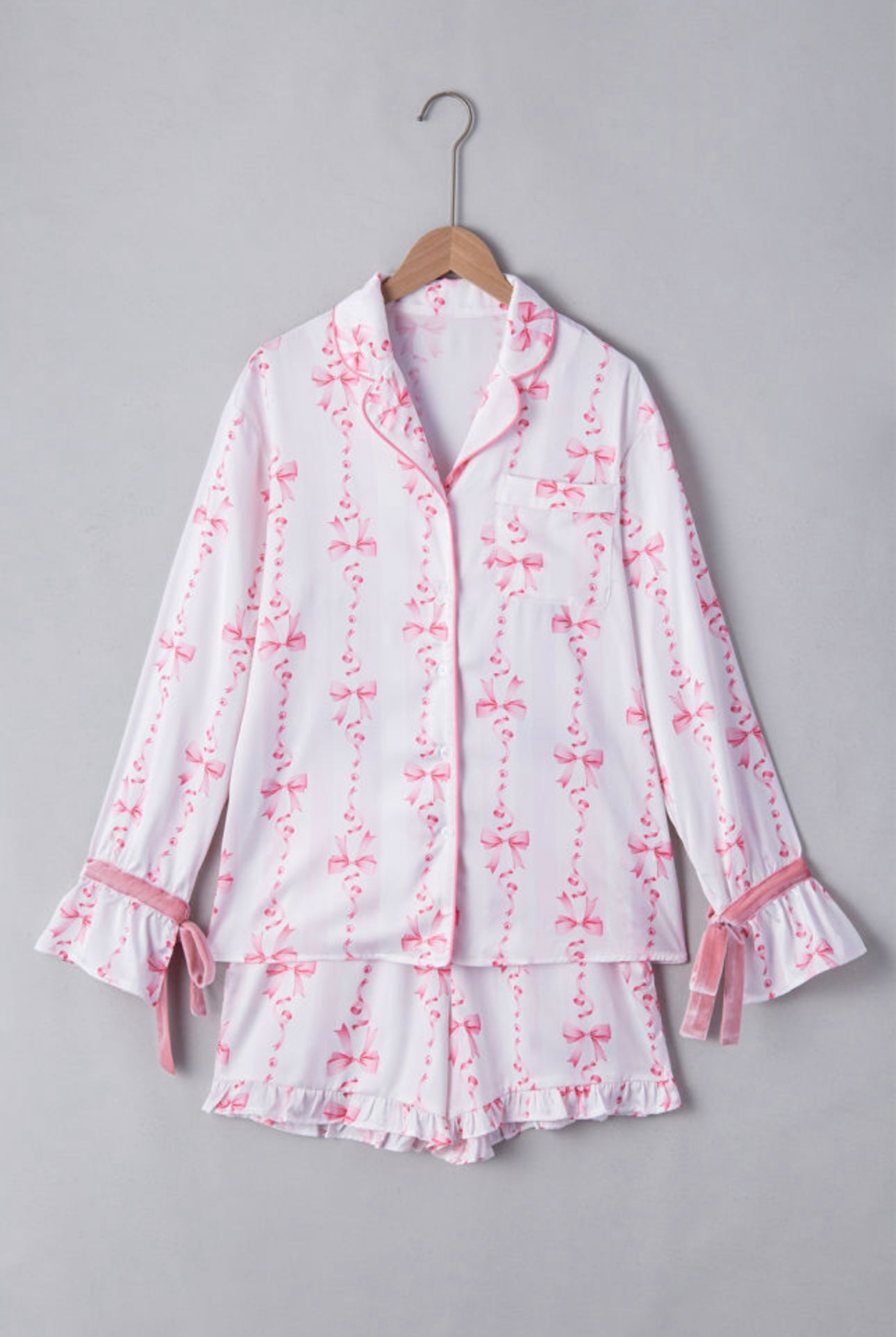 Pink Bow Velvet Ribbon Satin Pajama Set