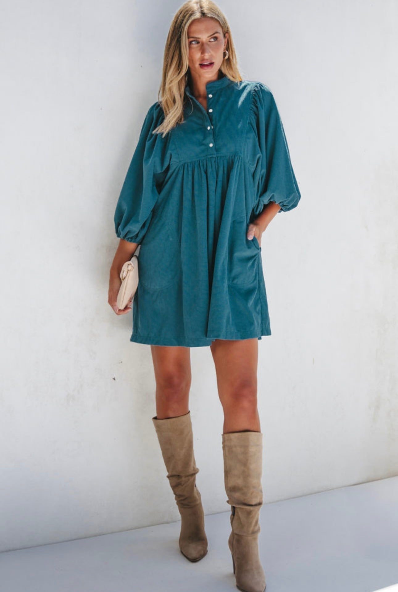 Teal Corduroy Empire Waist Dress