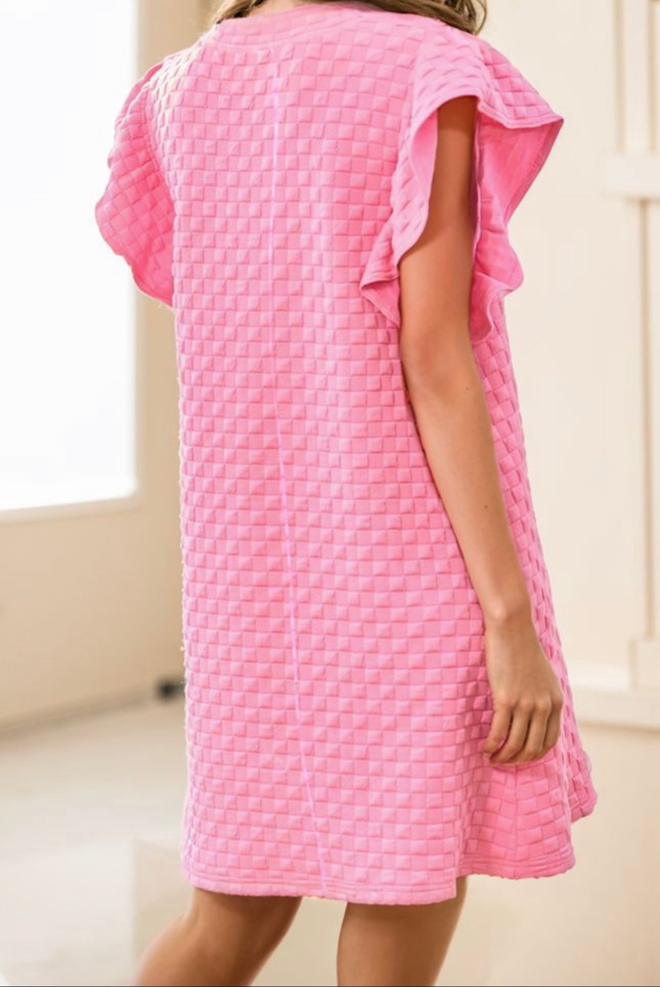 Pink Quilted Ruffle Sleeve Shift Dress