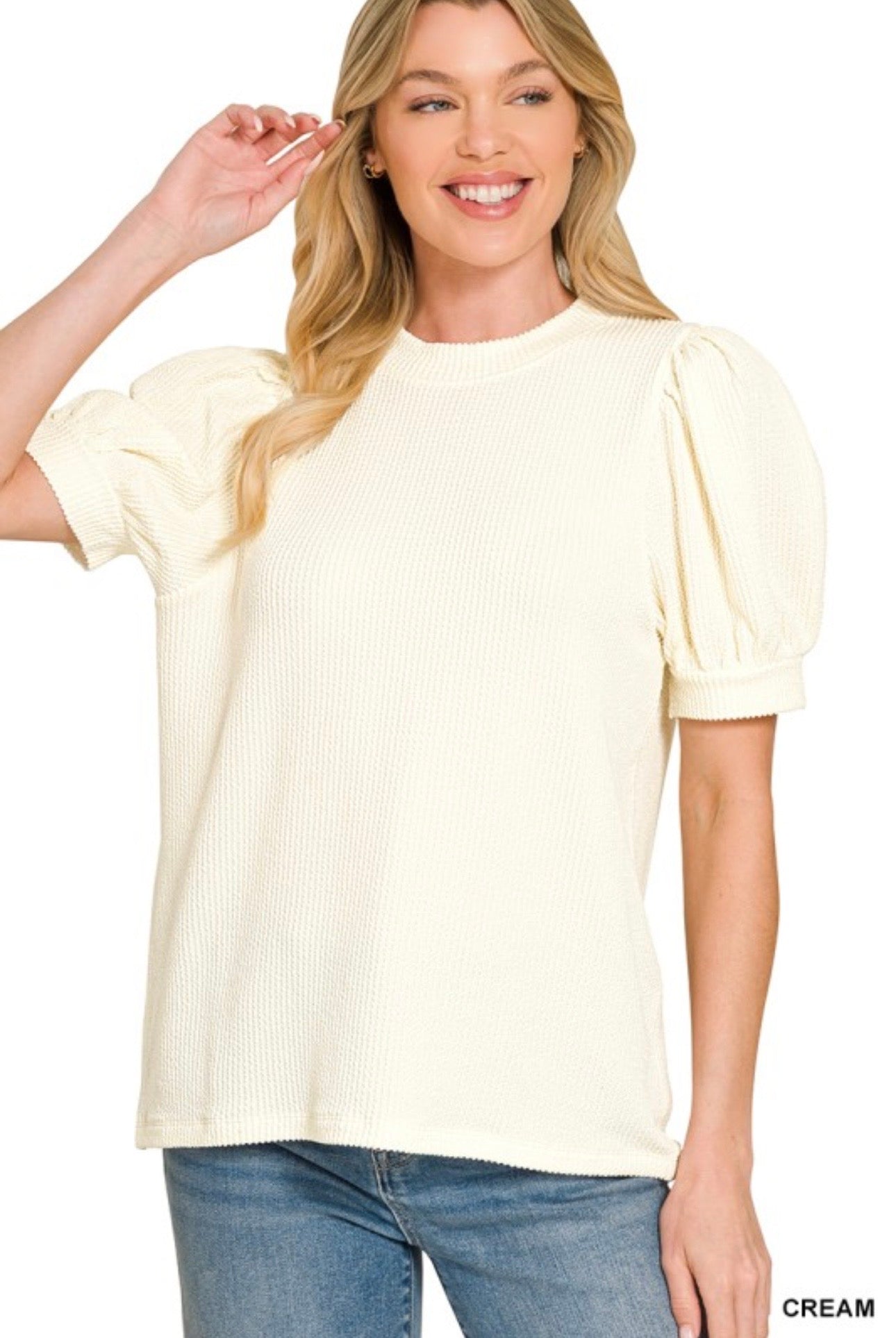 Raised Rib Puff Sleeve Top
