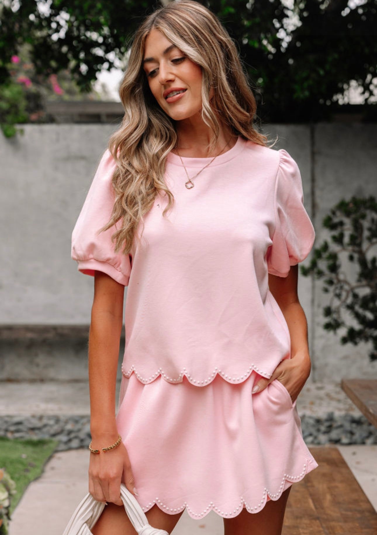 Pink Puff Sleeve Scalloped Skort Set