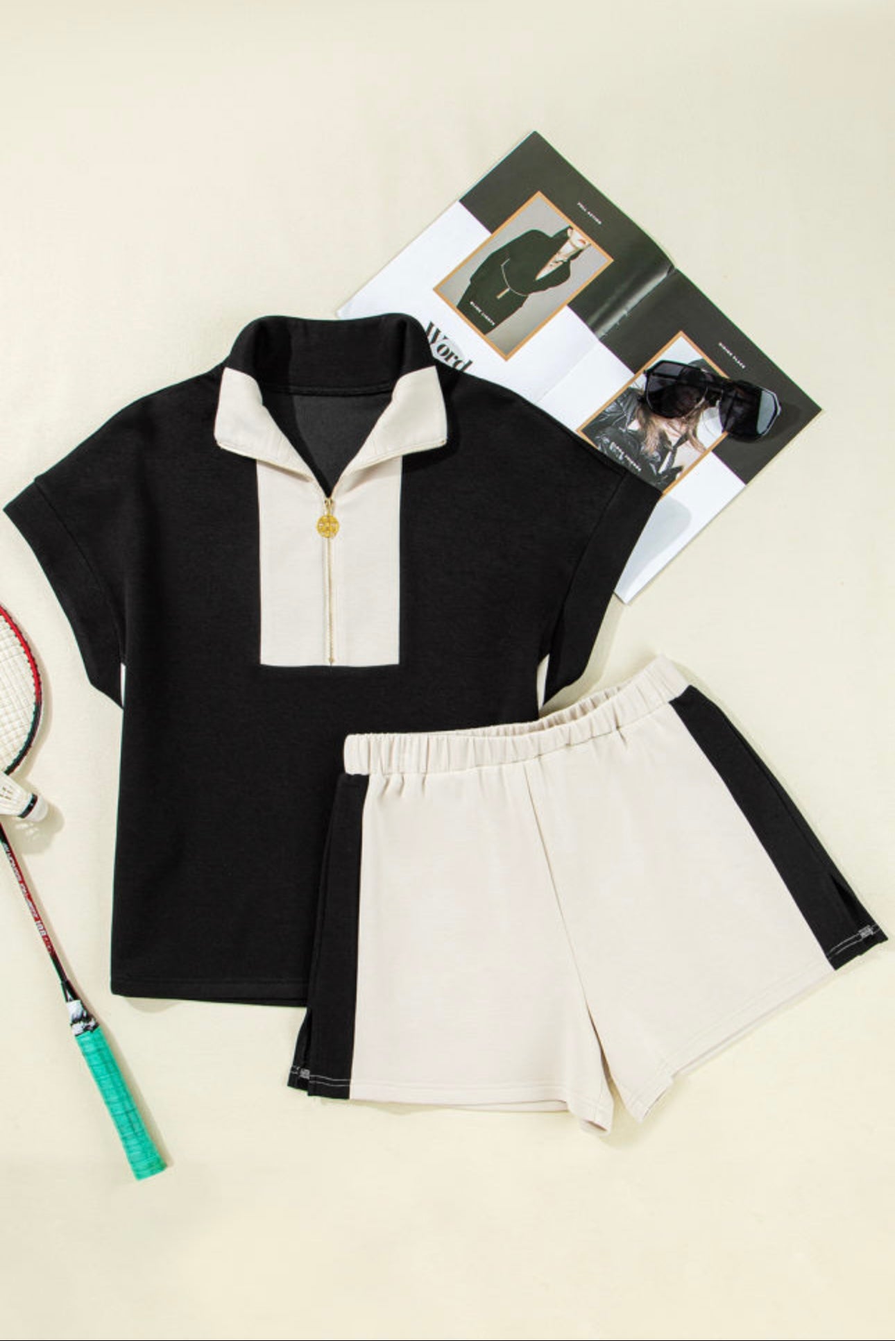 Black Contrast Gold Zipper Shorts Set