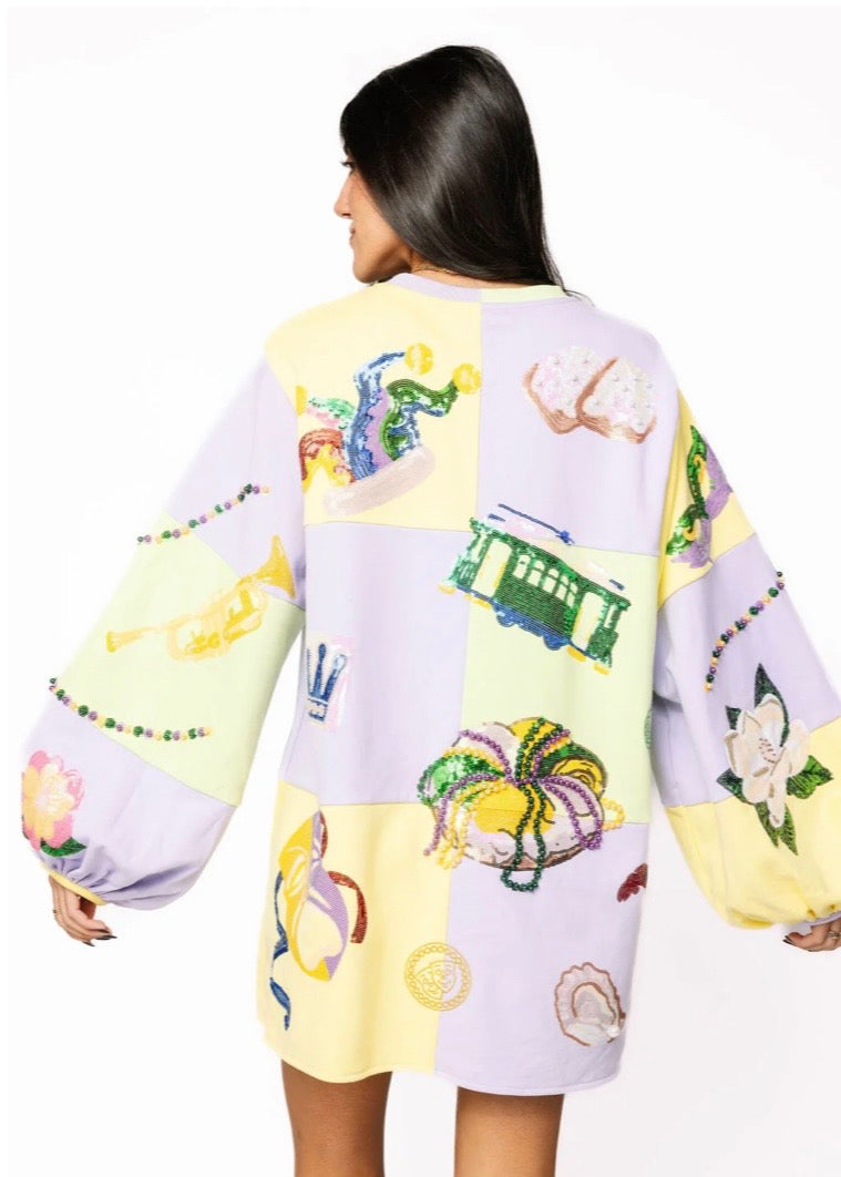 Queen of Sparkles Checkered Mardi Gras Icon Balloon Sleeve Dress