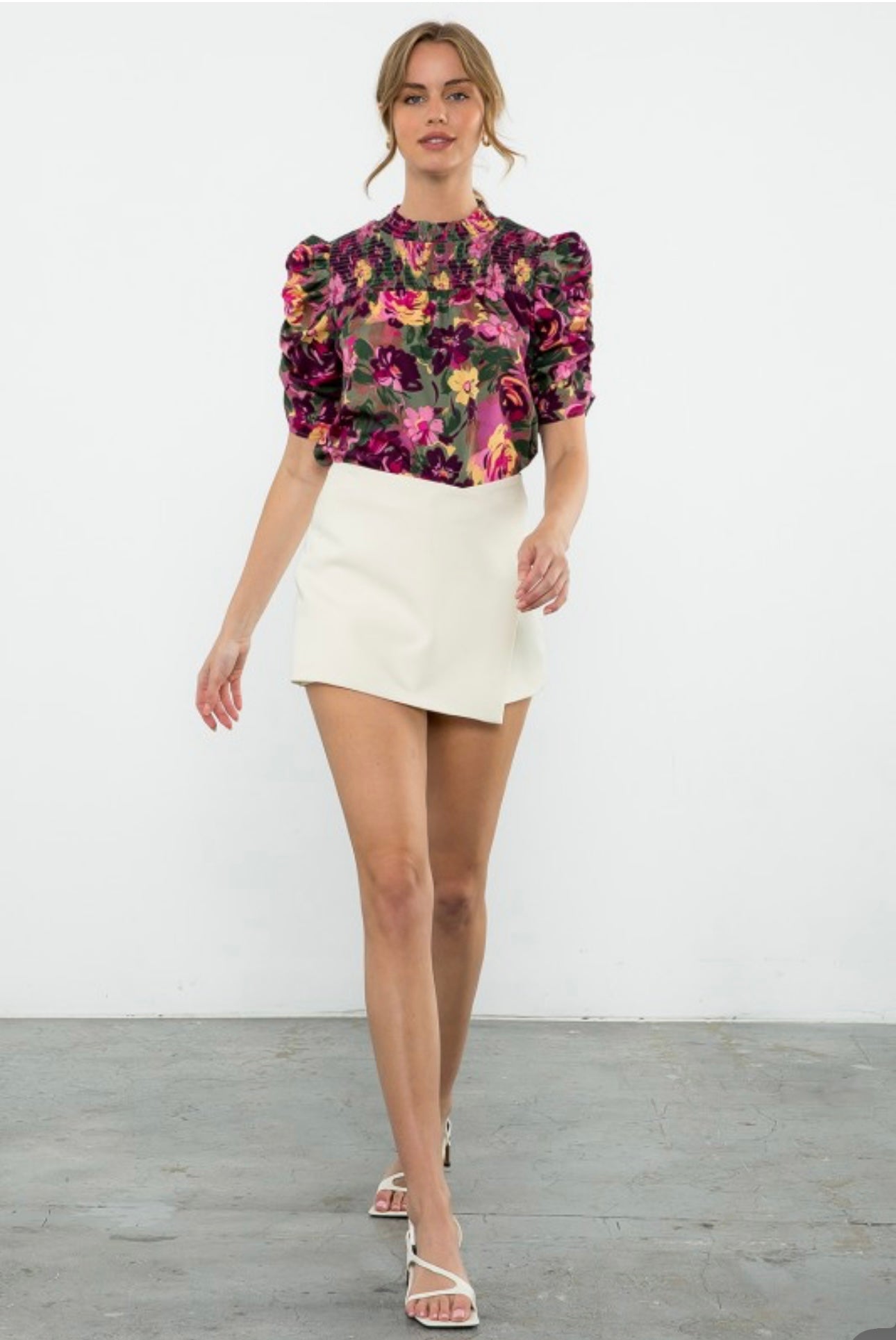 Ruched Sleeve Floral Blouse