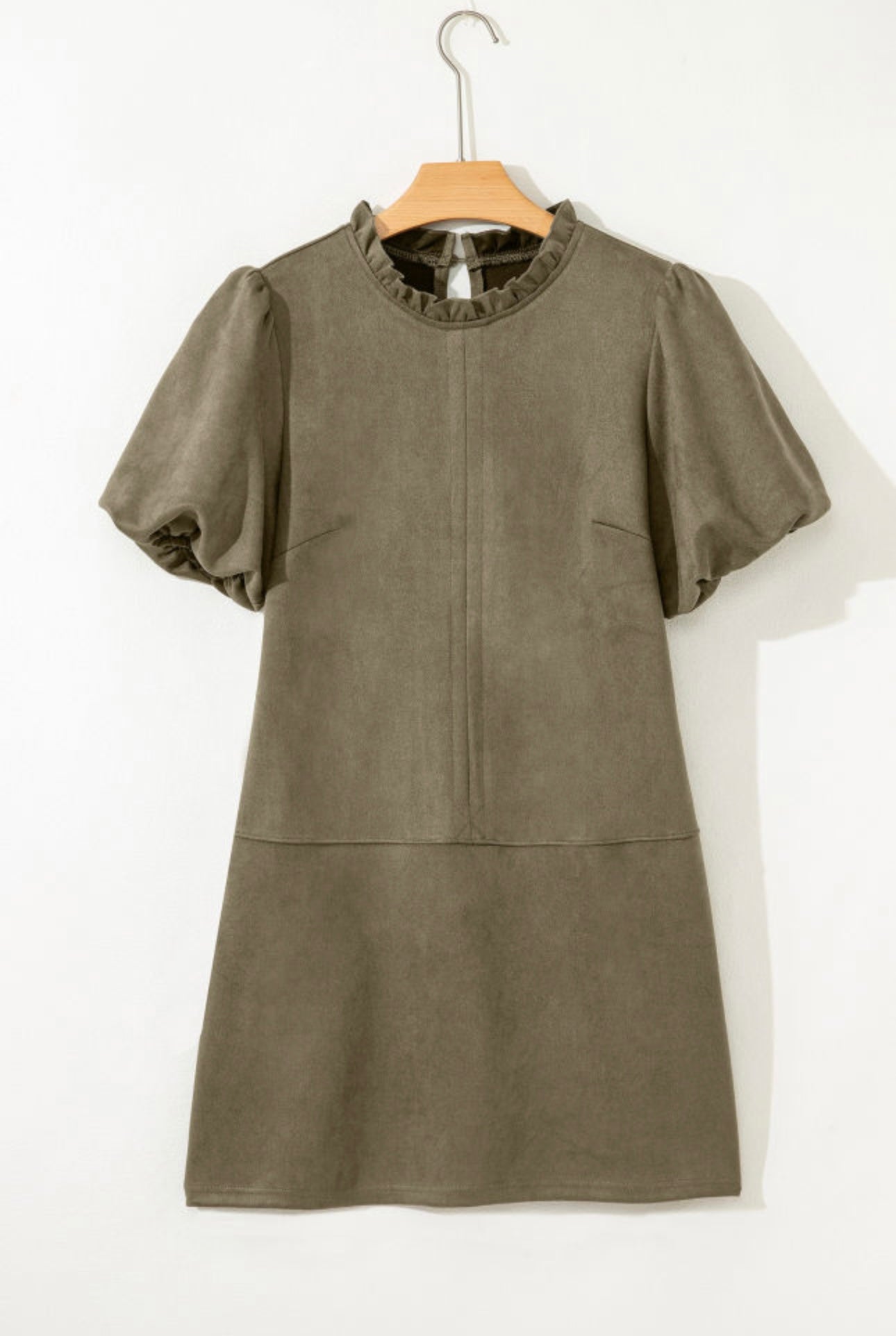 Moss Green Puff Sleeve “Suede” Dress