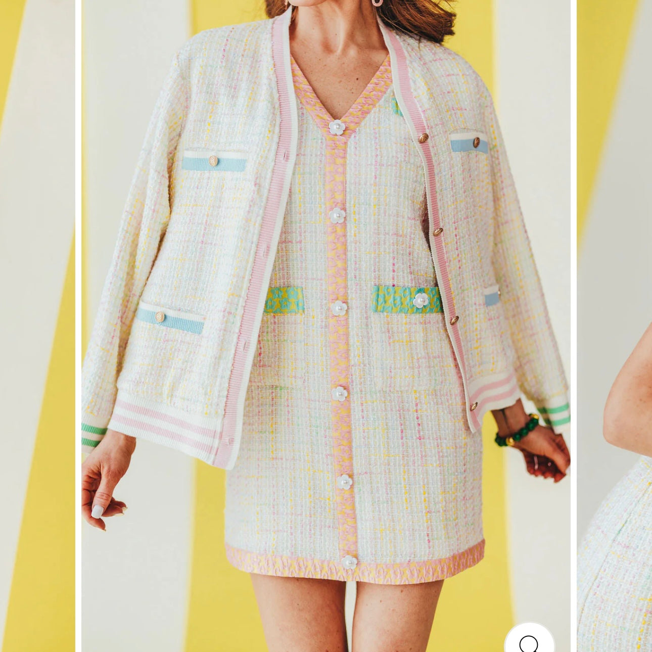 Brianna Cannon Pastel Tweed Dress with Floral Trim