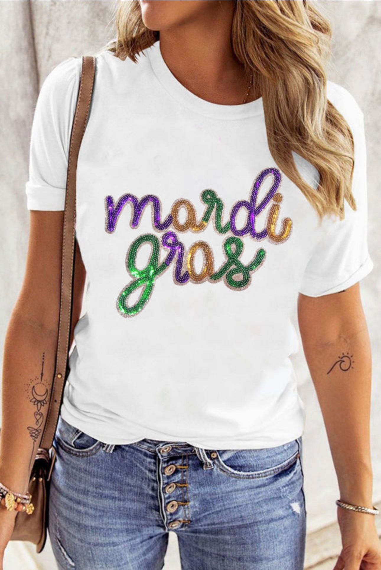 White Sequined Mardi Gras Tee