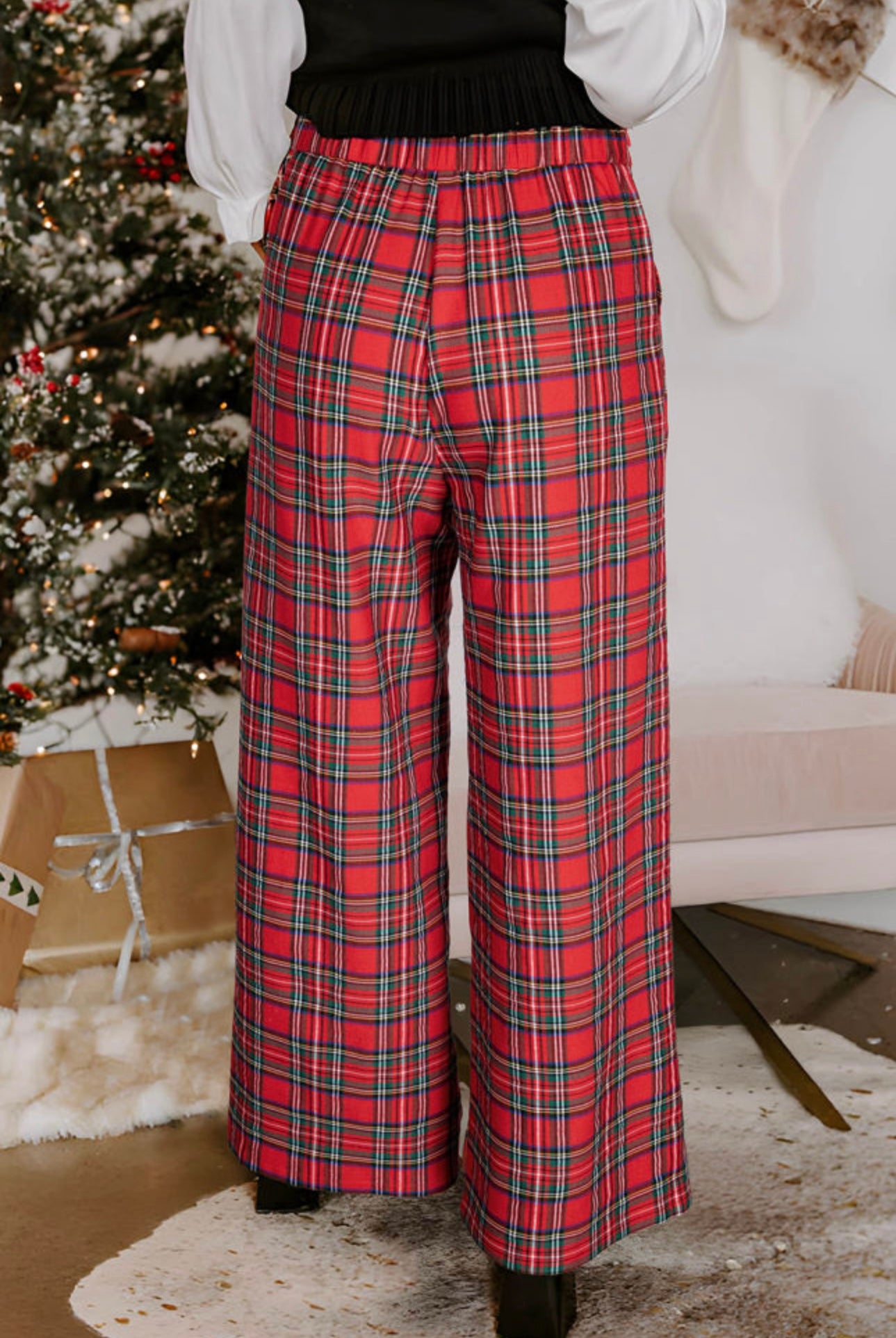 Red Plaid Wide Leg Pull On Pants