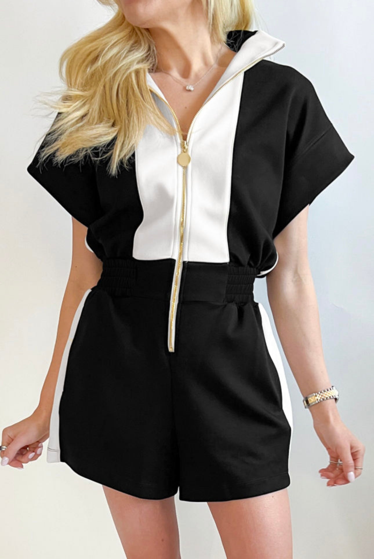 Black Contrast Gold Zipper Front Romper