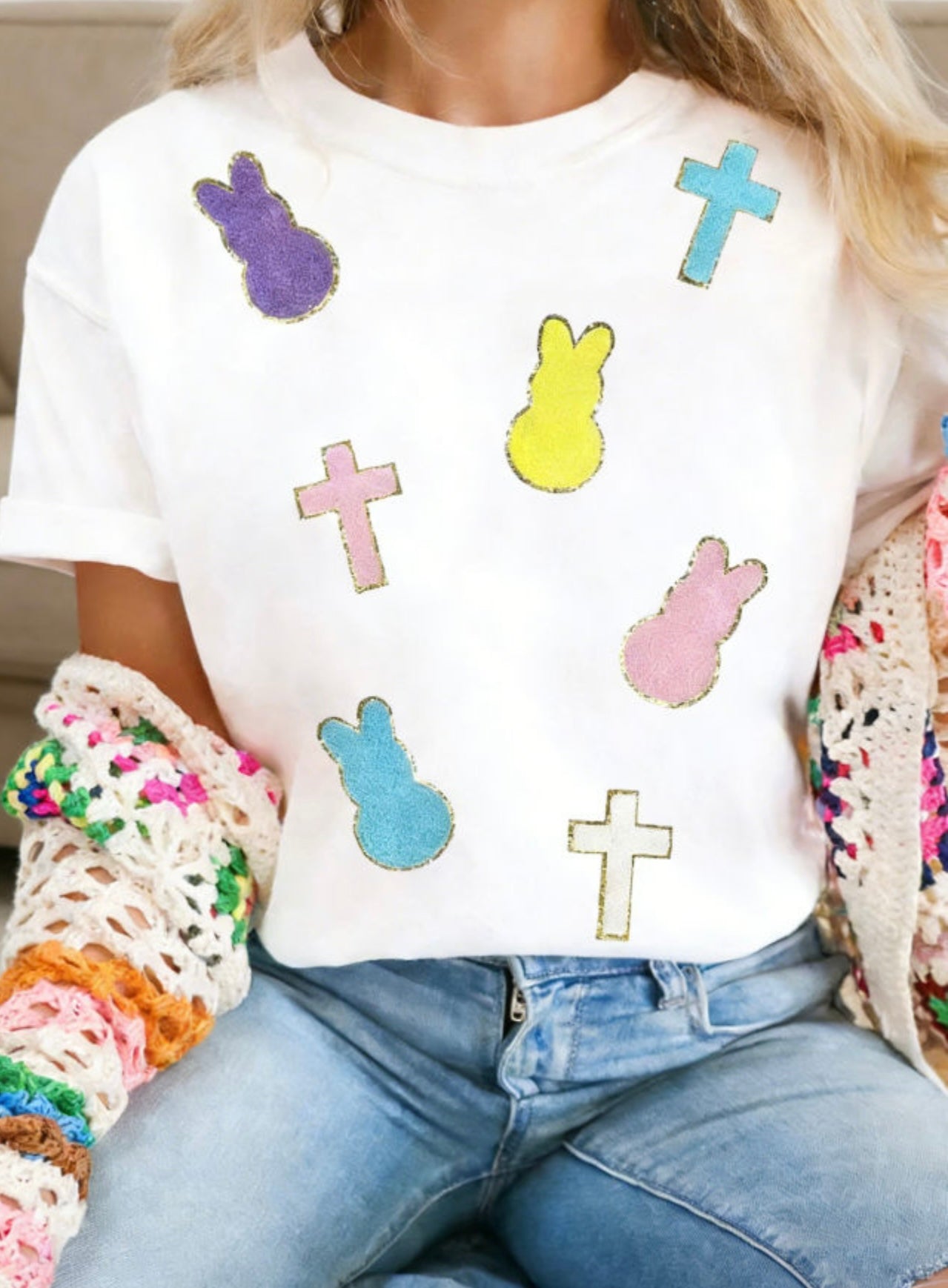White Chenille Bunny & Cross Tee