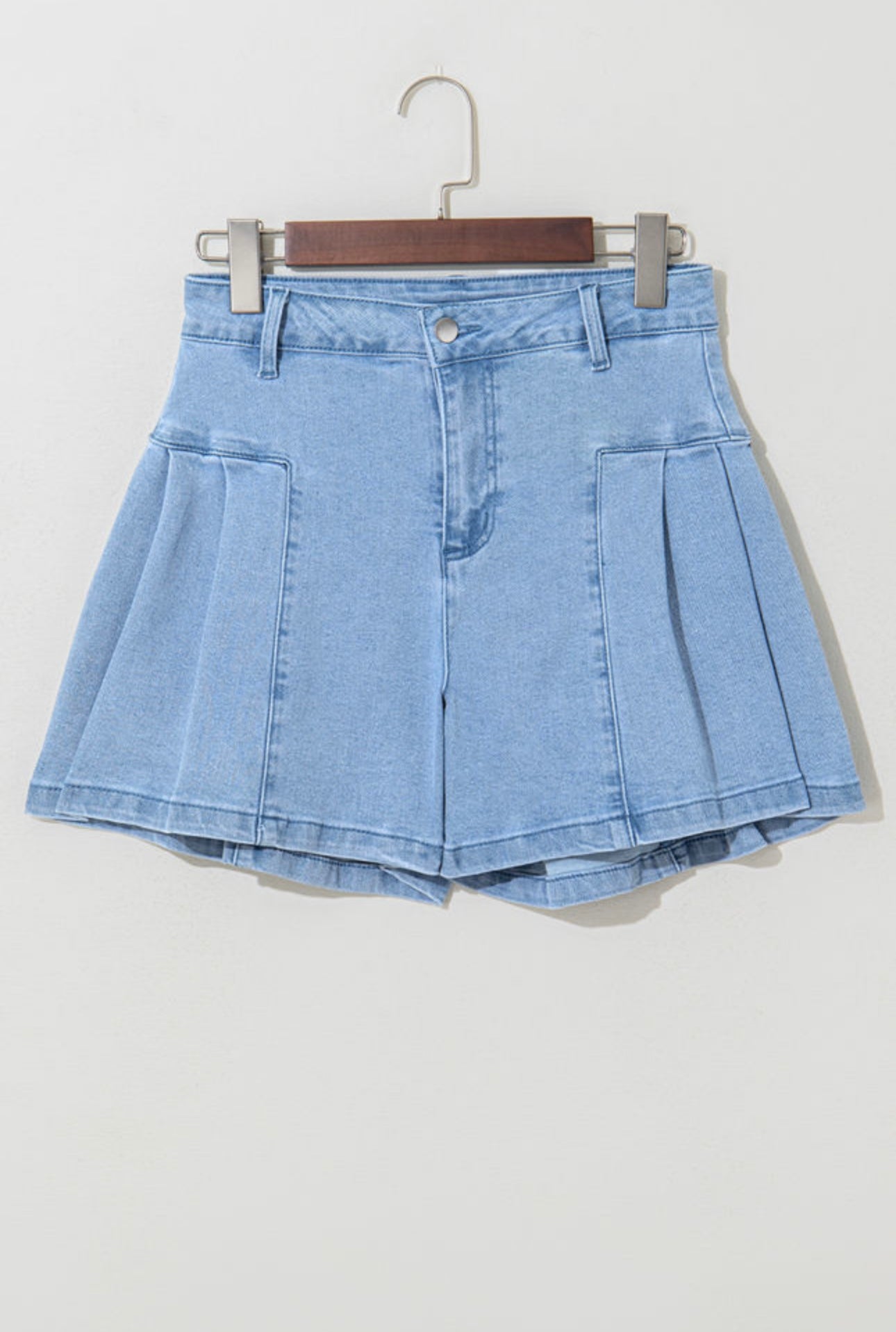 Denim Pleated Flare Shorts