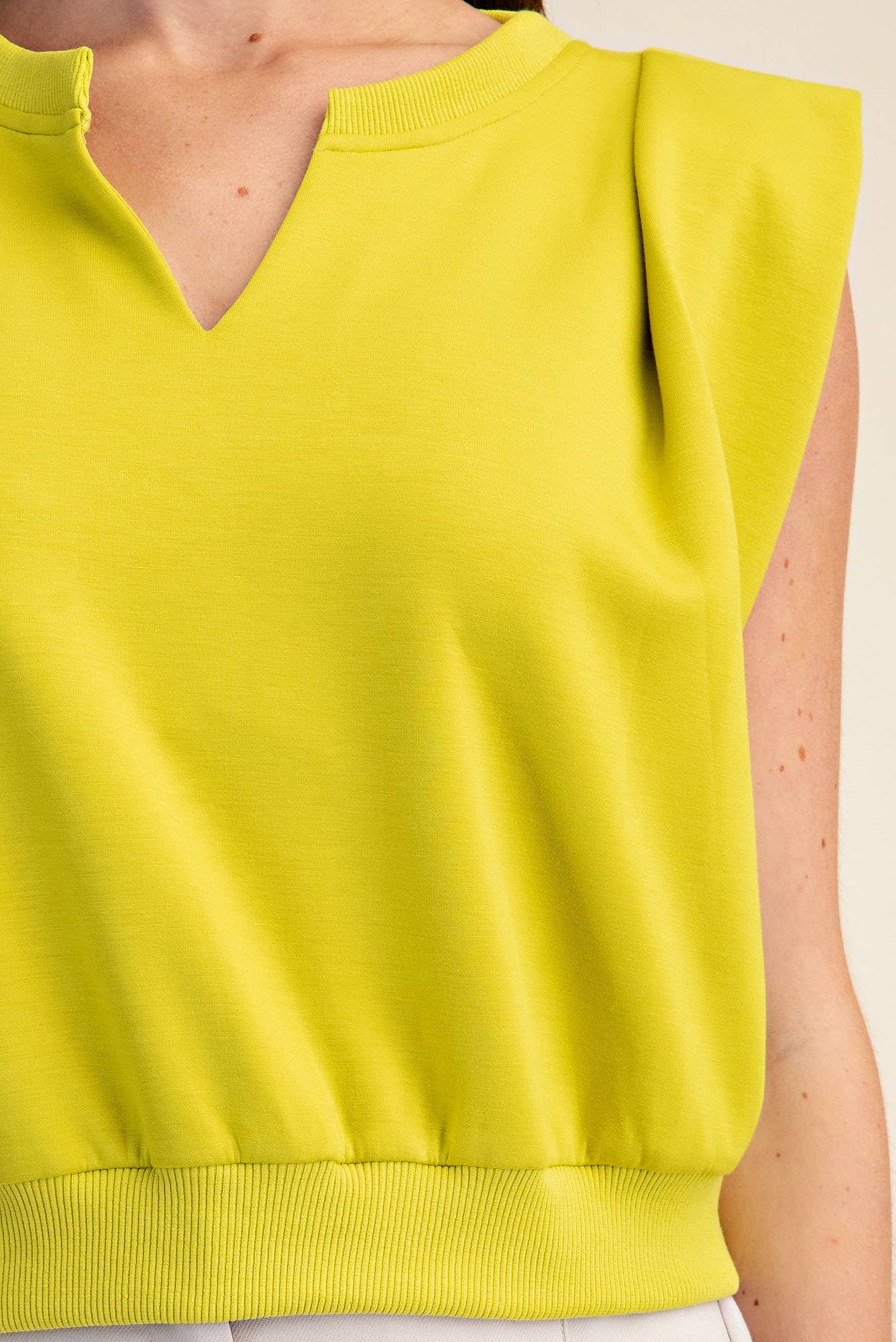 Chartreuse Knit Top With V-Neck Strong-Shoulder