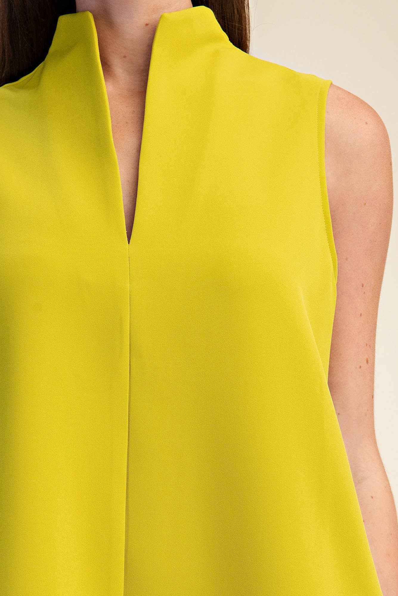 Lime Sleeveless Stand Collar Slit V-Neck Dress