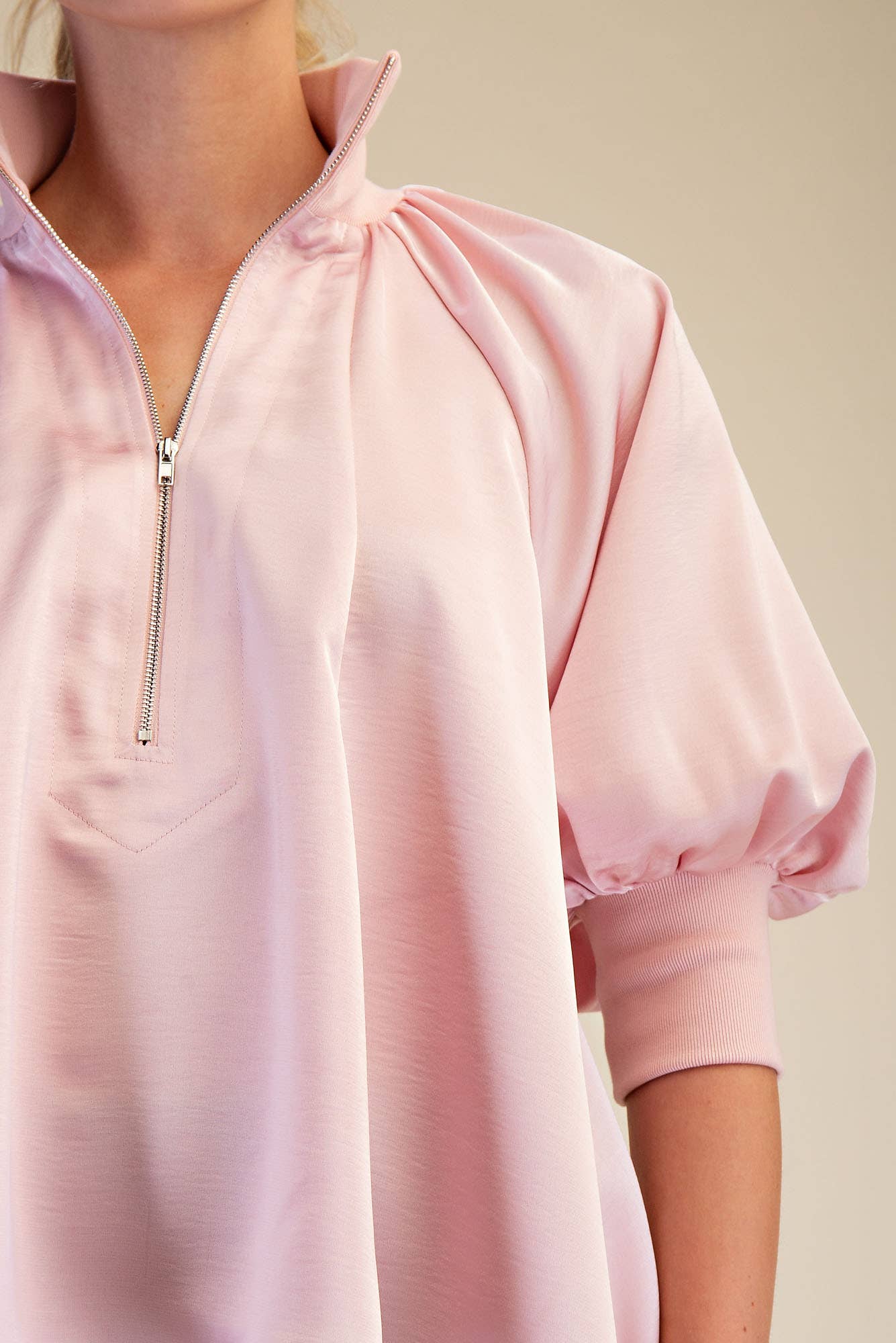 Soft Pink Mock Neck Band Puff Sleeve Elegance Blouse