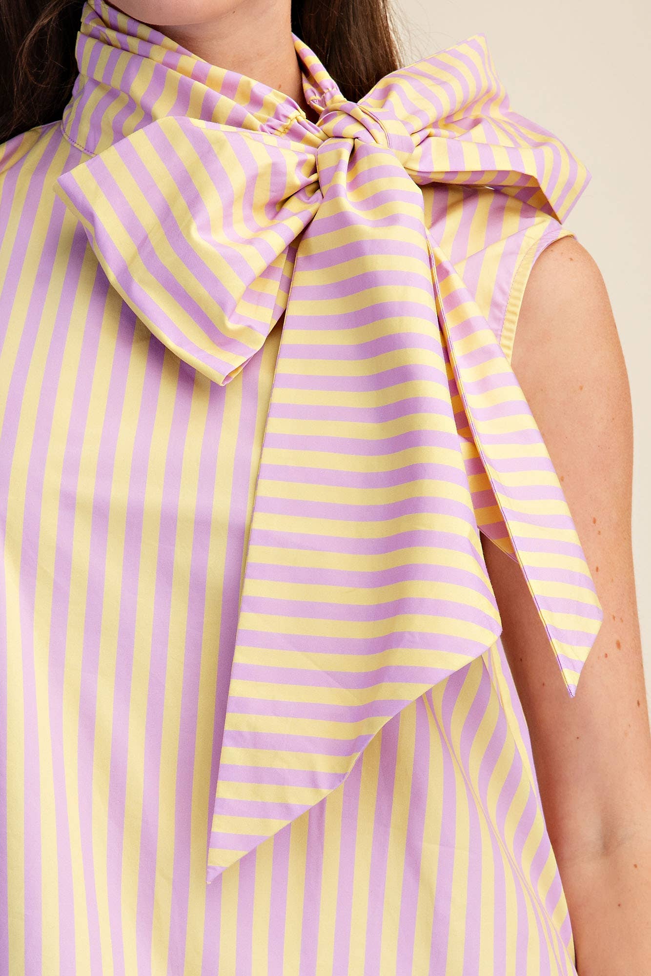 Lavender/Yellow Tie Neck Sleeveless Stripe Top