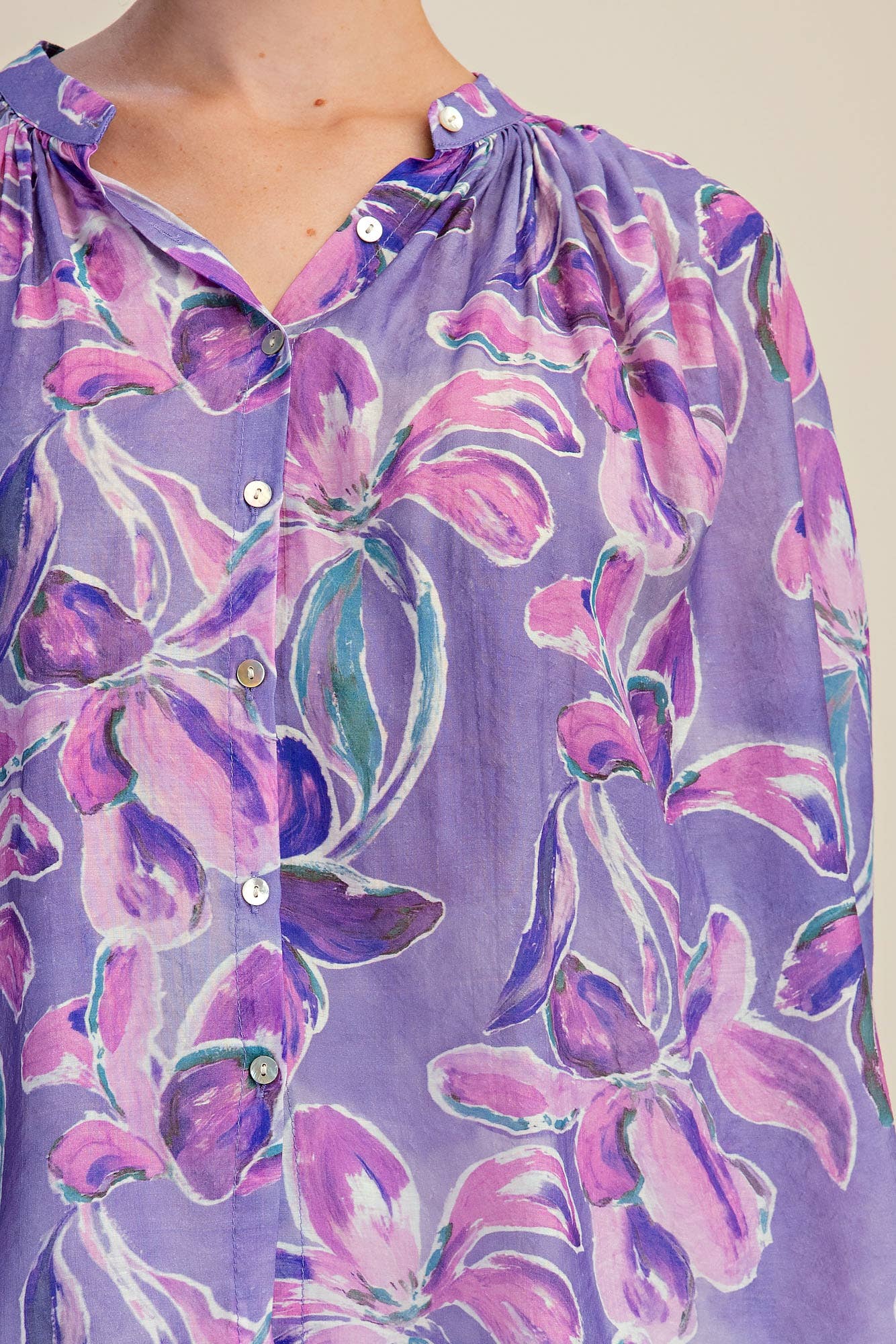 Purple Floral Button Down, Voluminous 3/4 Sleeve
