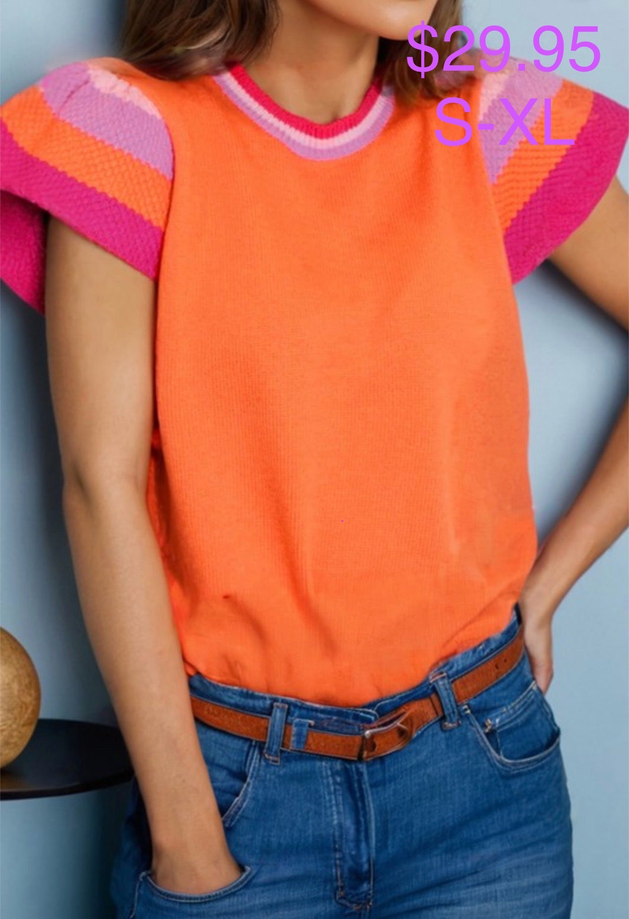 Short Sleeve Orange Sweater with Striped Sleeves
