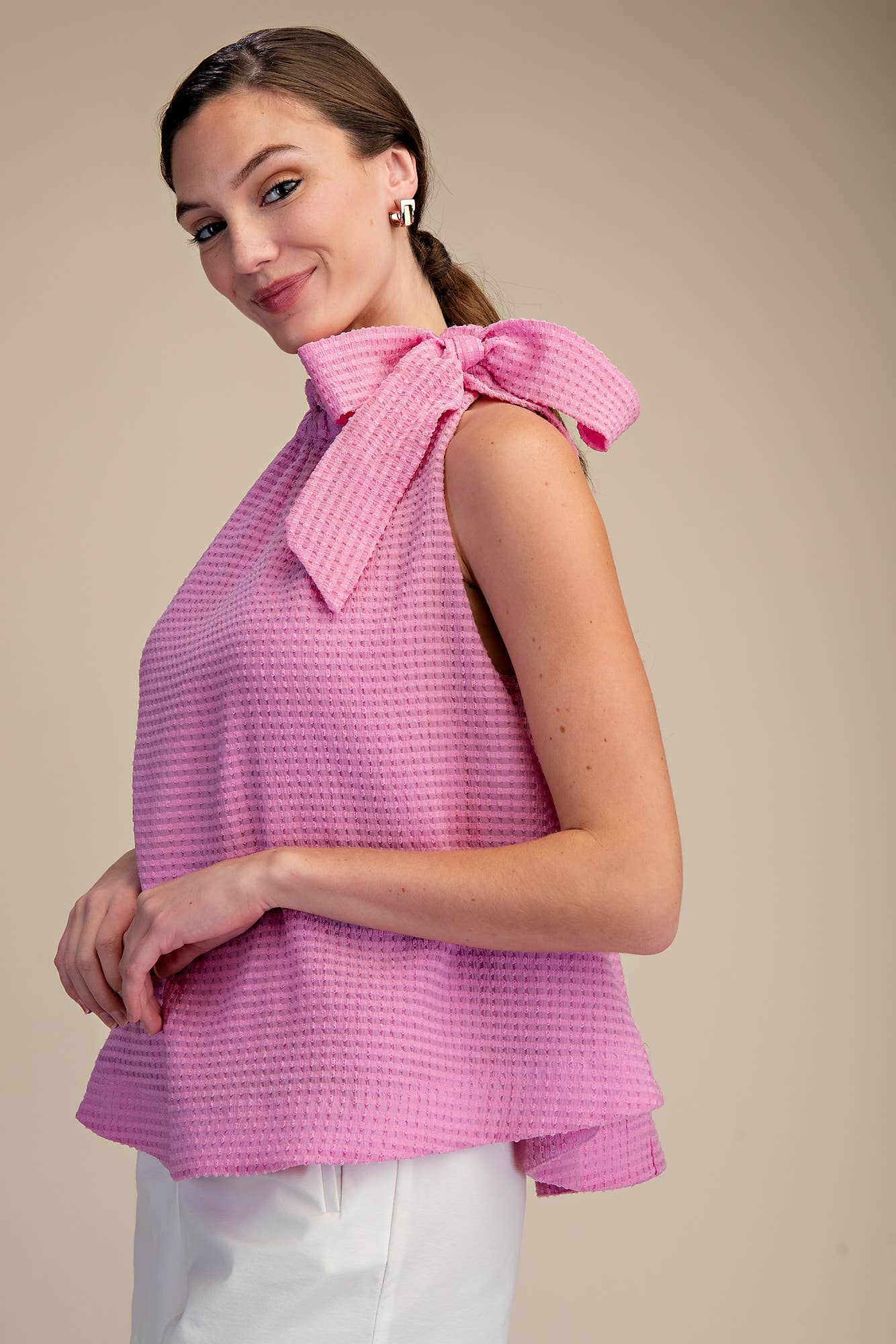 Pink Ruffle Neck Tie Sleeveless Top