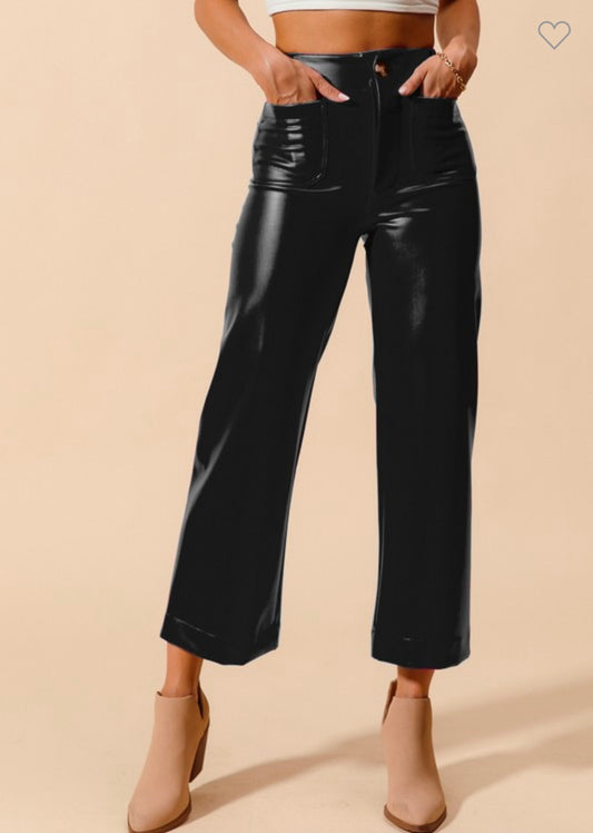 Mid Rise Faux Leather Wide Leg Bootcut Pants