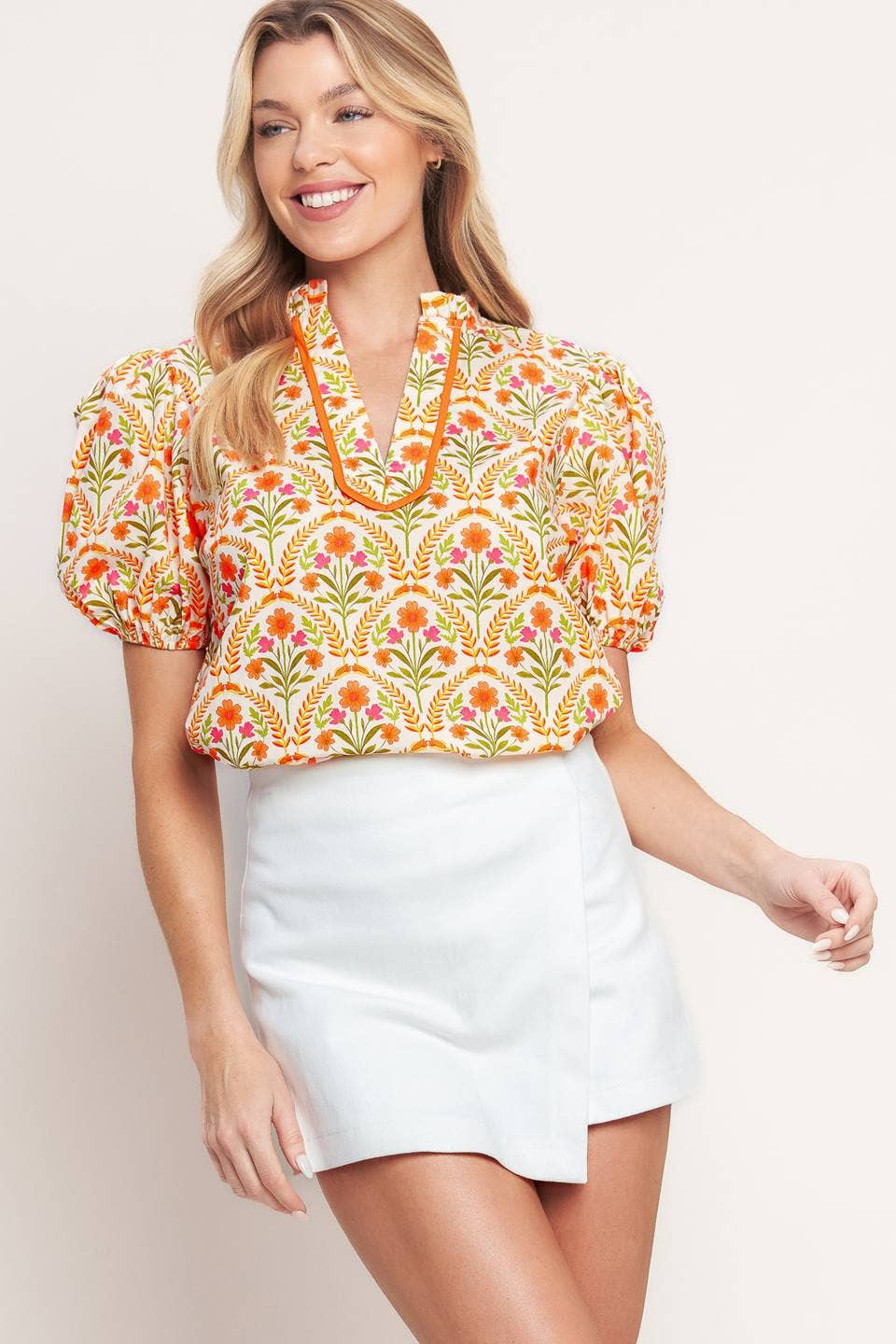 Cream Floral Puff Sleeve Top