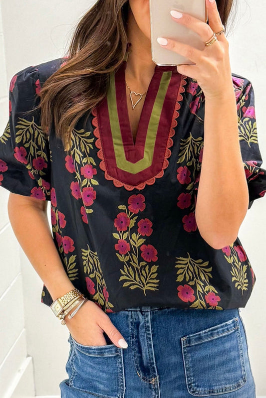 Black Floral Bubble Sleeve Top