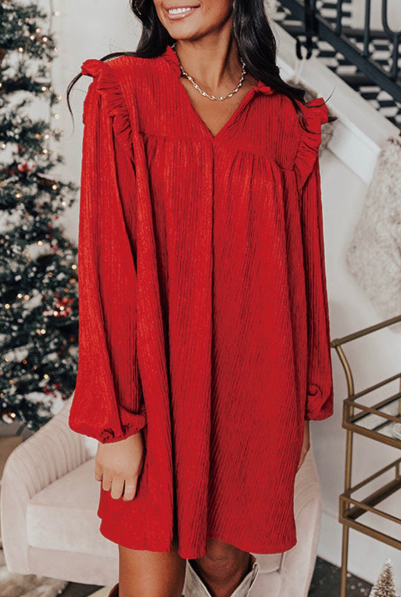 Red Textured Ruffled Trim V Neck Loose Fit Dress