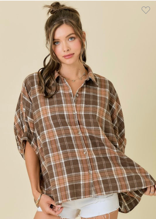 Plaid Over Sized Button Down Top