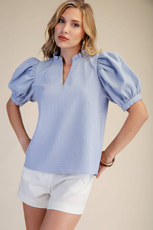 Light Blue Ruffle V-Neck Puff Sleeve Top
