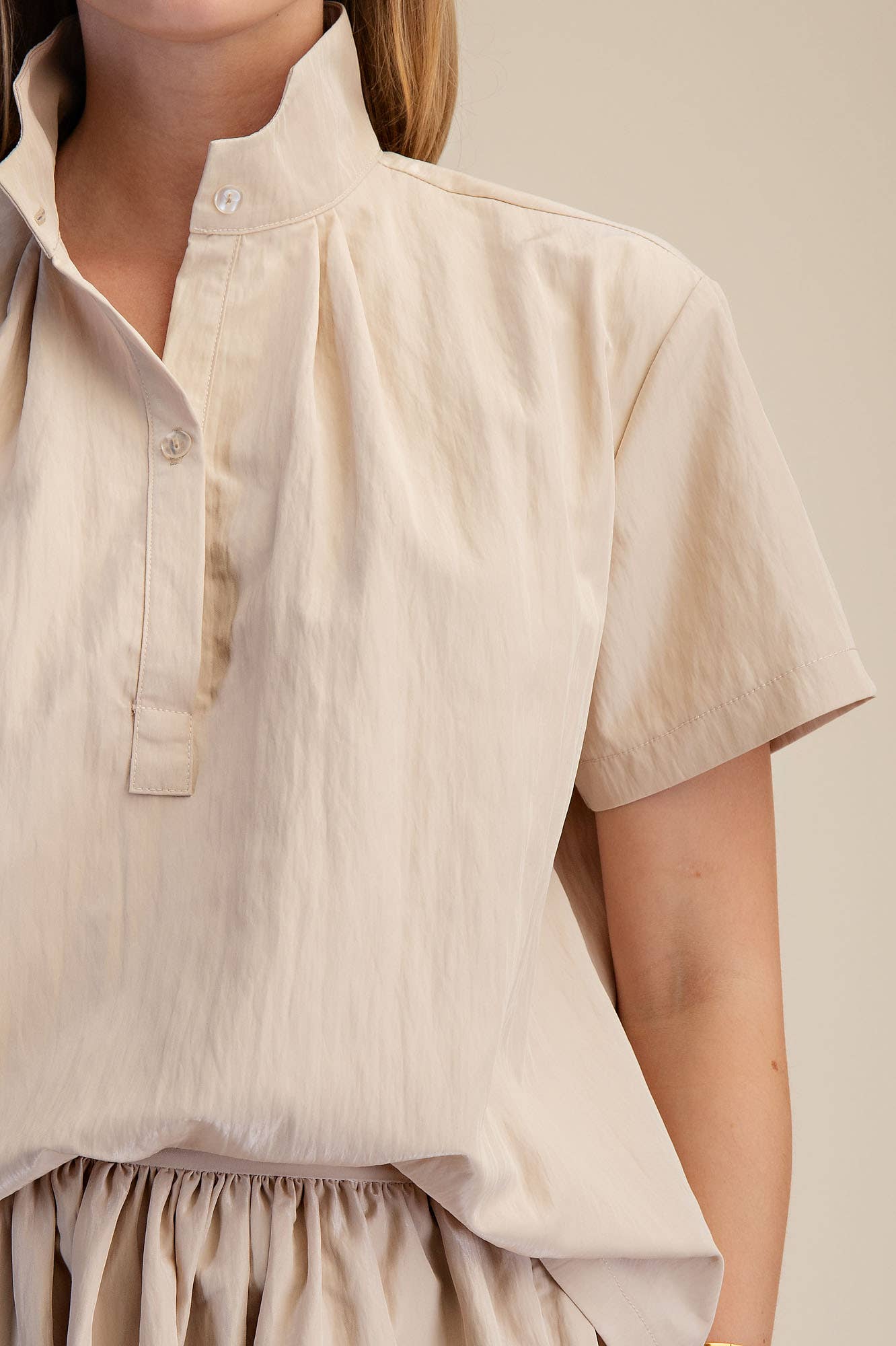 Taupe Stand Collar Short Sleeve Shirt