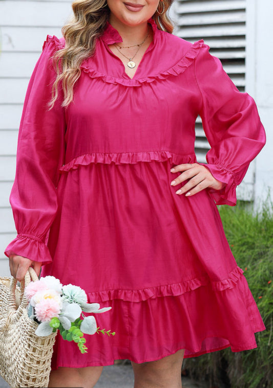 Curved Sized Rose Ruffled Bubble Sleeved Dress