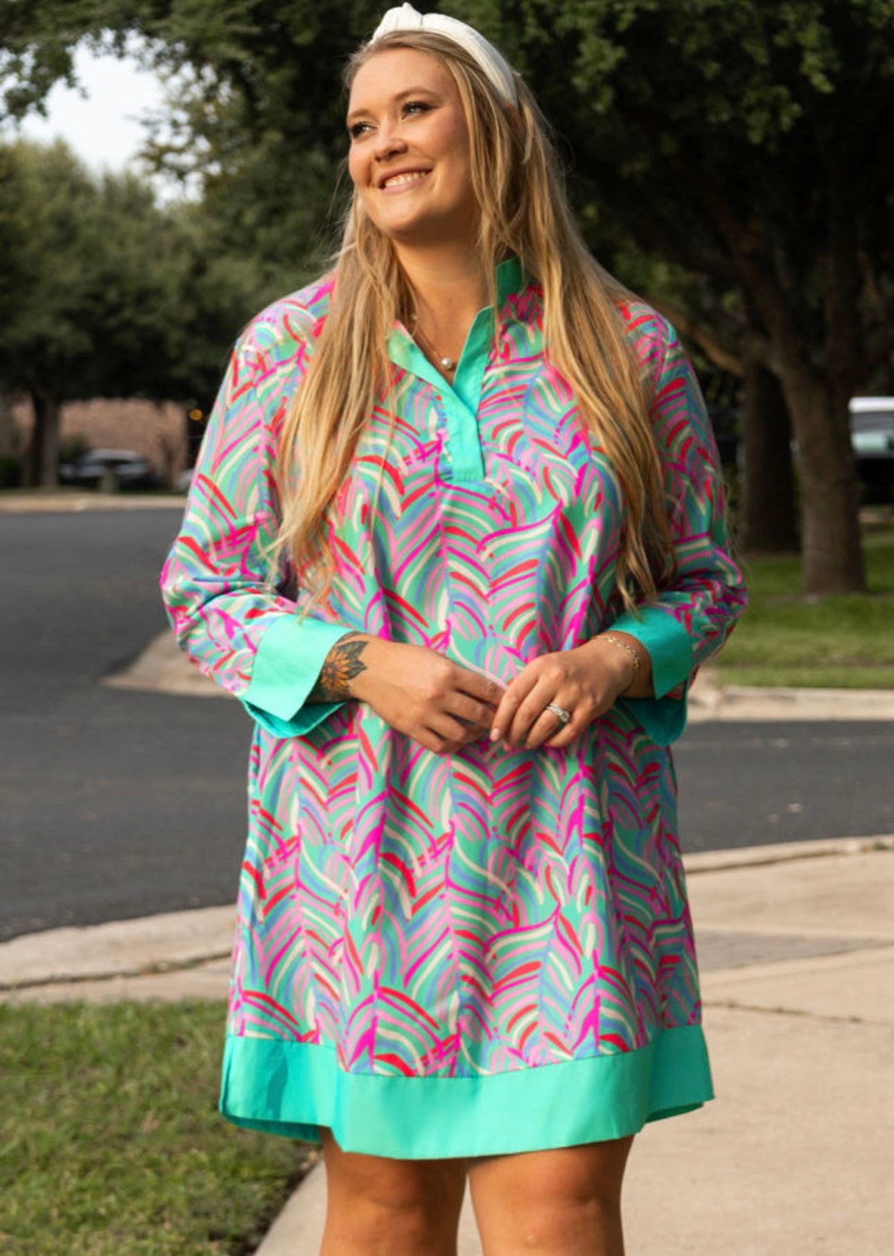 Curvy Sized Green Palm Pattern Shift Dress