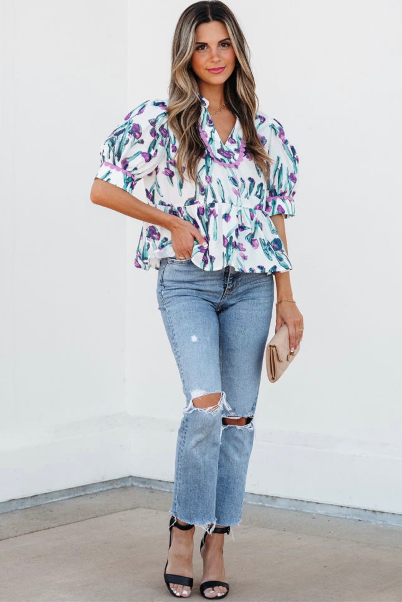 Purple Floral Ricrac Trim Peplum Blouse