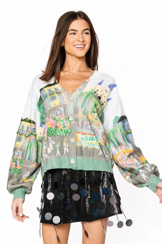 Queen of Sparkles Mardi Gras Parade Scene Button Up Cardigan