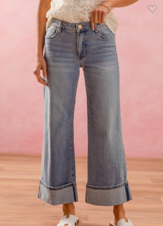 Straight Leg Mid Rise Jeans with Rolled Hem