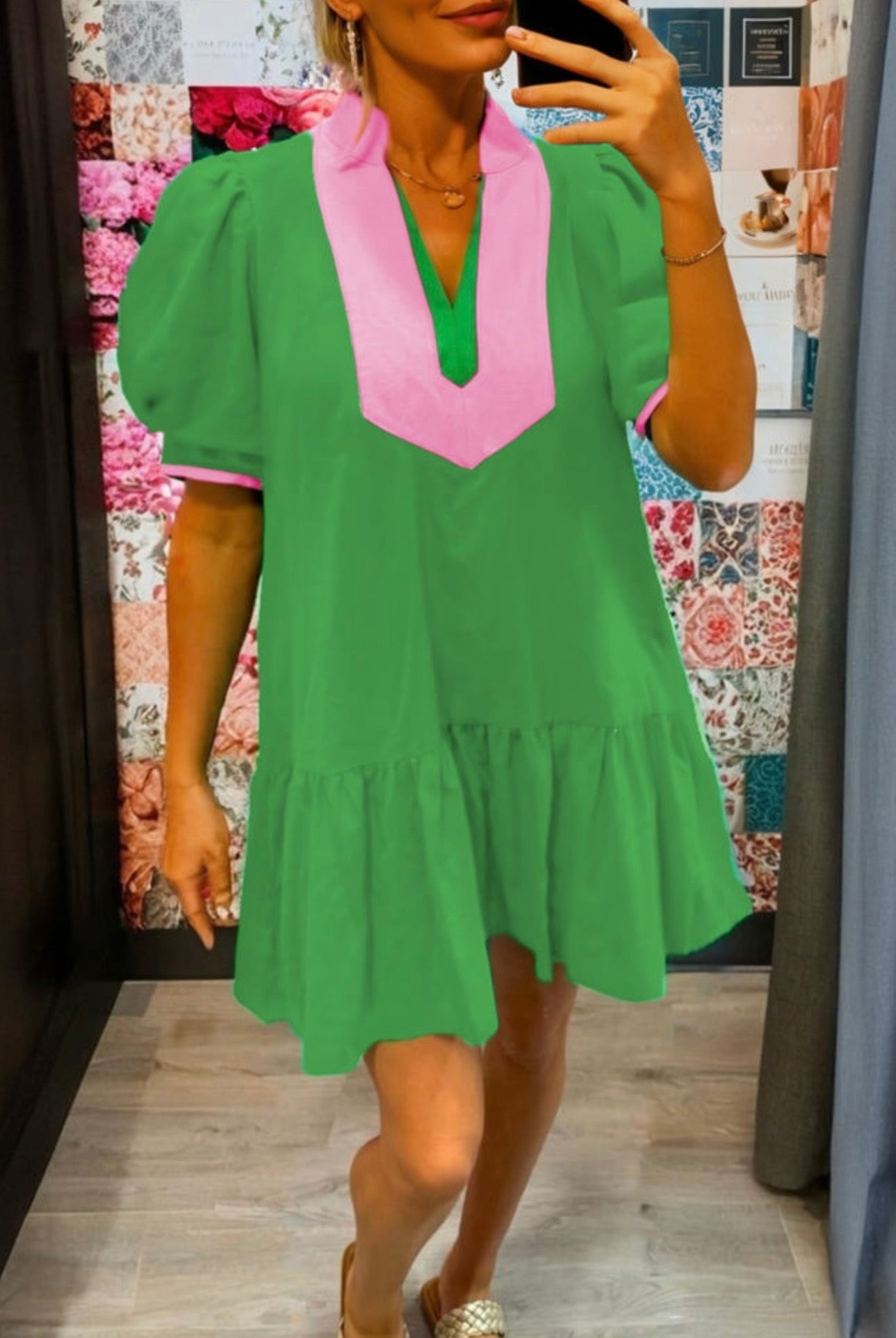 Green Puff Sleeve Pink Detail Dress