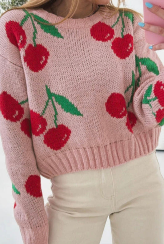 Pink Long Sleeve Cropped Sweater with Red Cherries