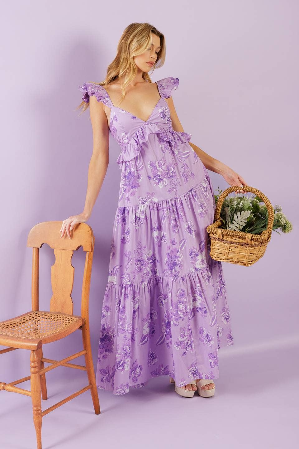 Coquette Purple Floral Woven Maxi Dress