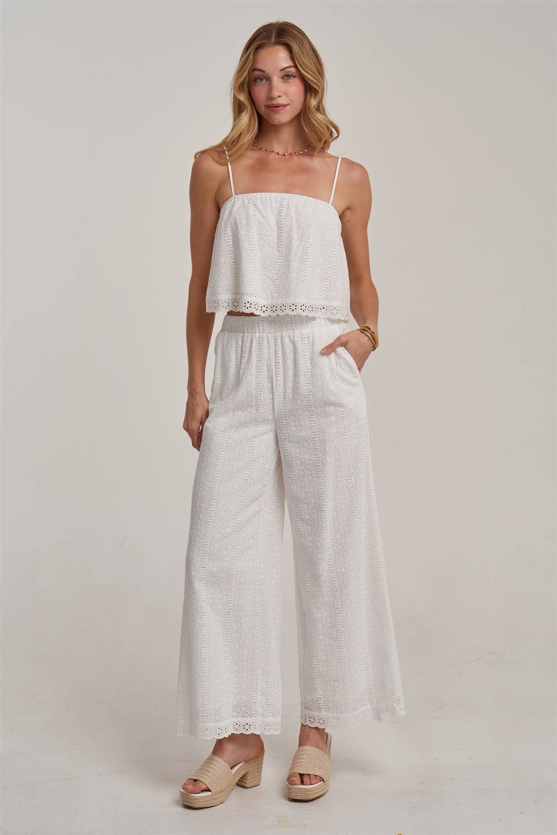 EYELET LACE CROPPED CAMI TOP AND WIDE LEG PANTS SUMMER SET