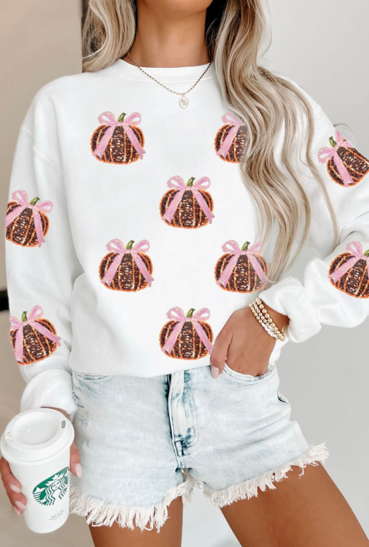 White Sequin Bow Pumpkin Sweatshirt
