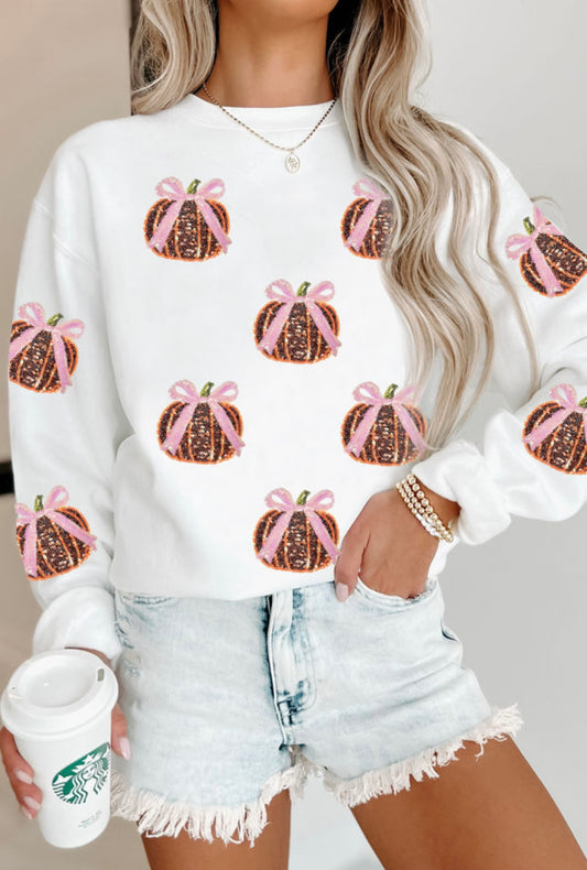 White Sequin Bow Pumpkin Sweatshirt