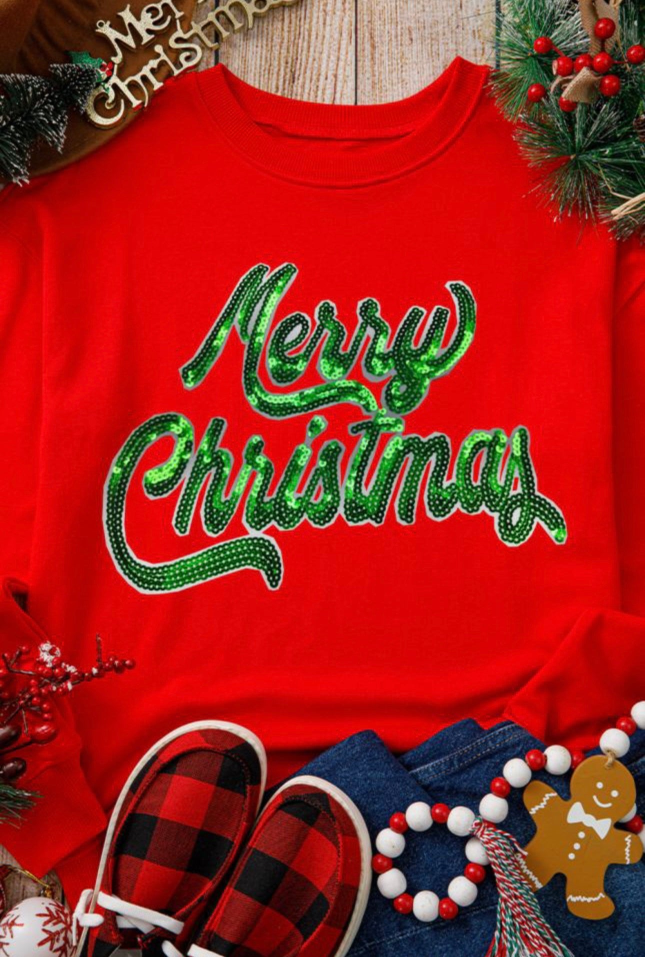 Red Sequined Merry Christmas Crew Neck Loose Fit Sweatshirt