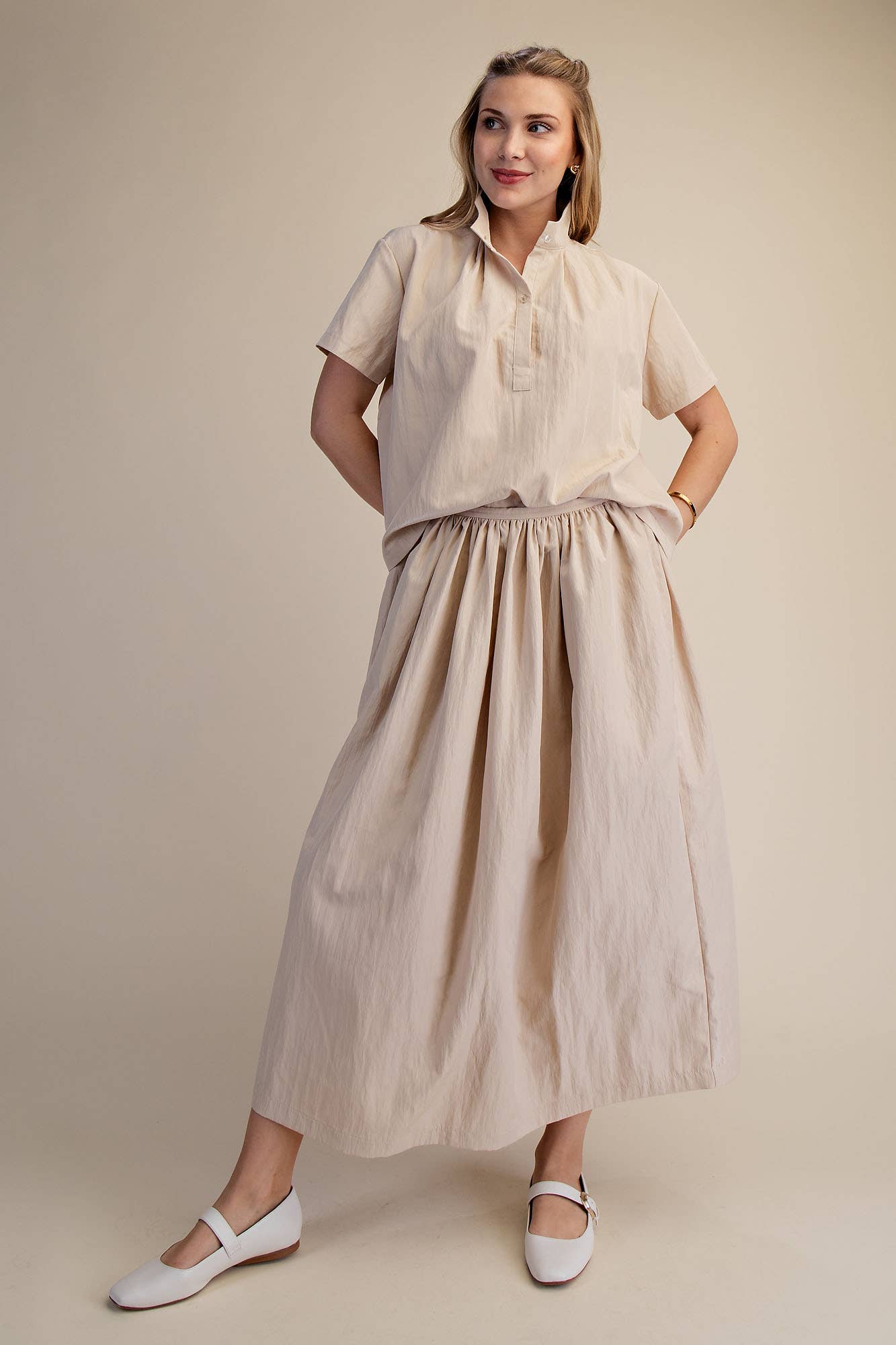 Taupe Stand Collar Short Sleeve Shirt