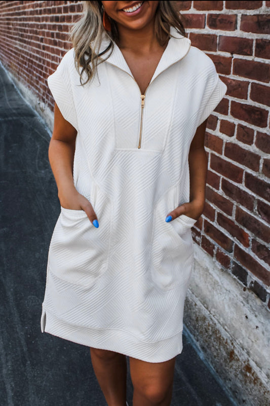 White Textured Half Zip Dress