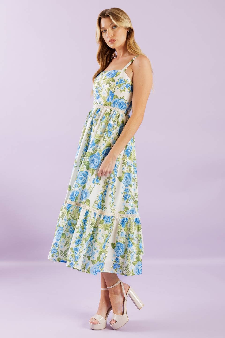 Blue Floral Woven Midi Dress