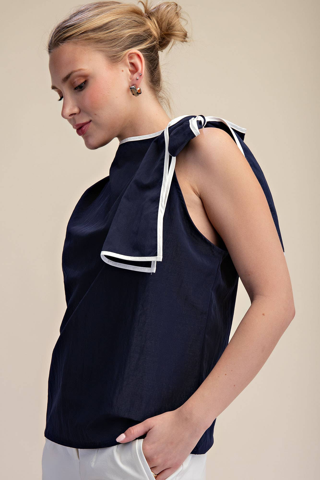 Navy Asymmetric Pleated Shoulder Bow Top